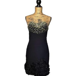 ASPEED BLACK LBD RHINESTONES EMBELLISHED FLORAL STRAPLESS COCKTAIL MINI DRESS S